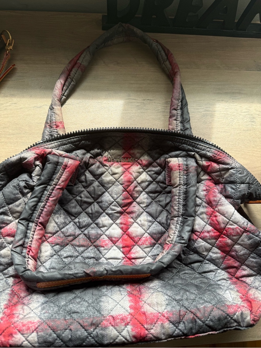 MZ Wallace Quilted Gray and Pink Plaid Women's Tote Bag